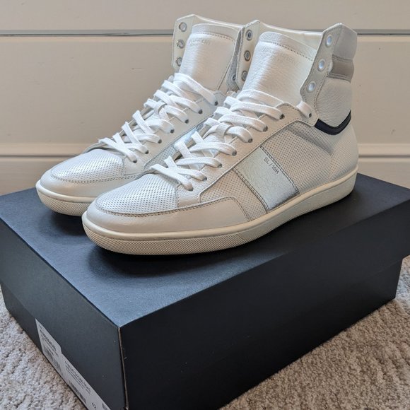 Saint Laurent Men's High-Top Leather Sneakers, US9, White/Metallic/Blue - Picture 1 of 9